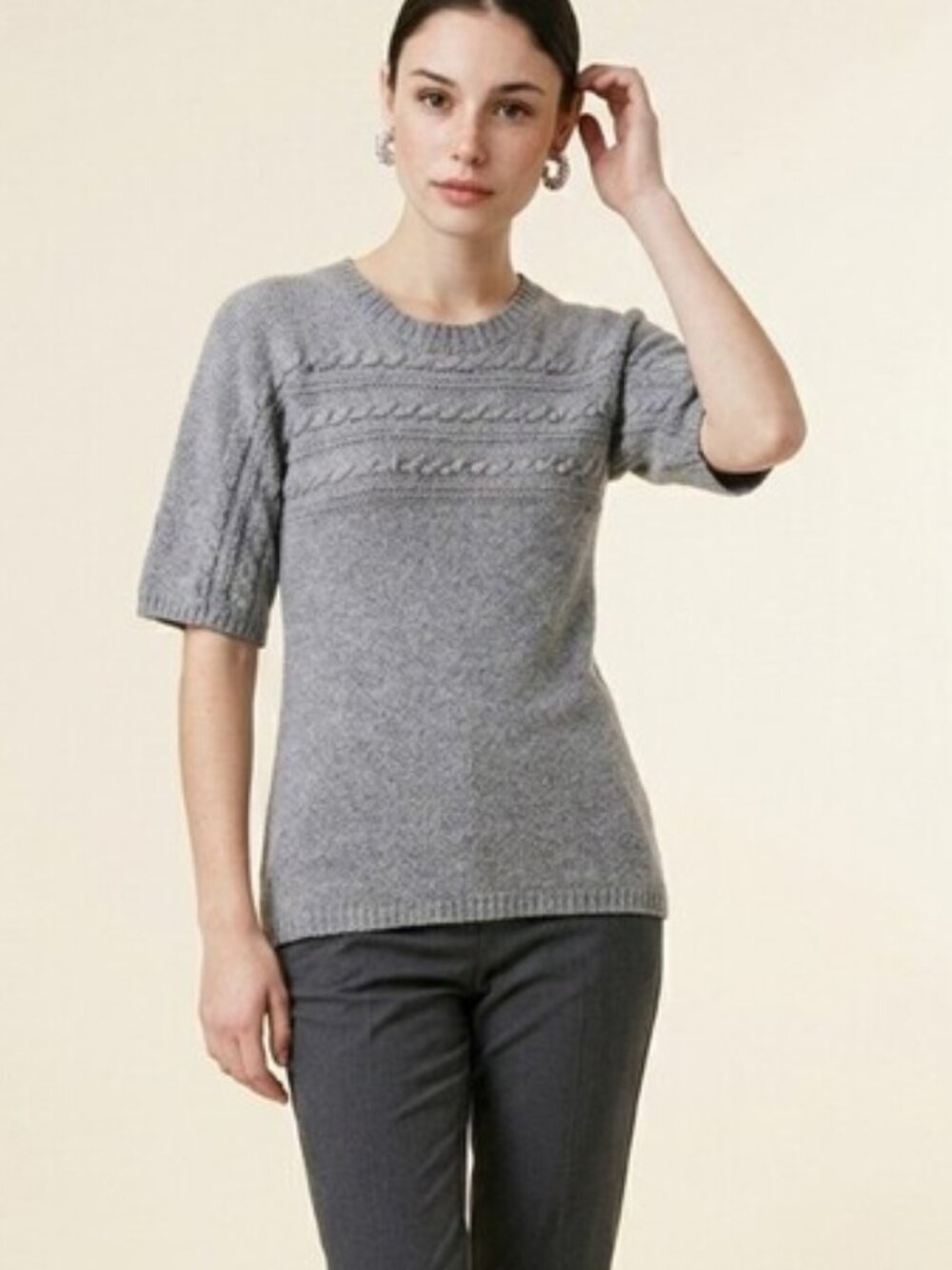 Twiggy SZ S Gray 1/2 Sleeve Crew Neck Angora Blend Cable Knit Lightweight
